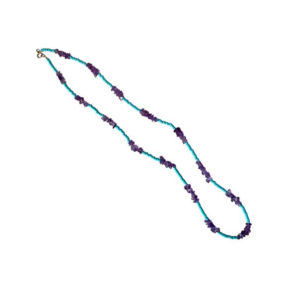 Long Strand of Purple Amethyst Chip Beads and Turquoise Bead Necklace - Picture 1 of 6